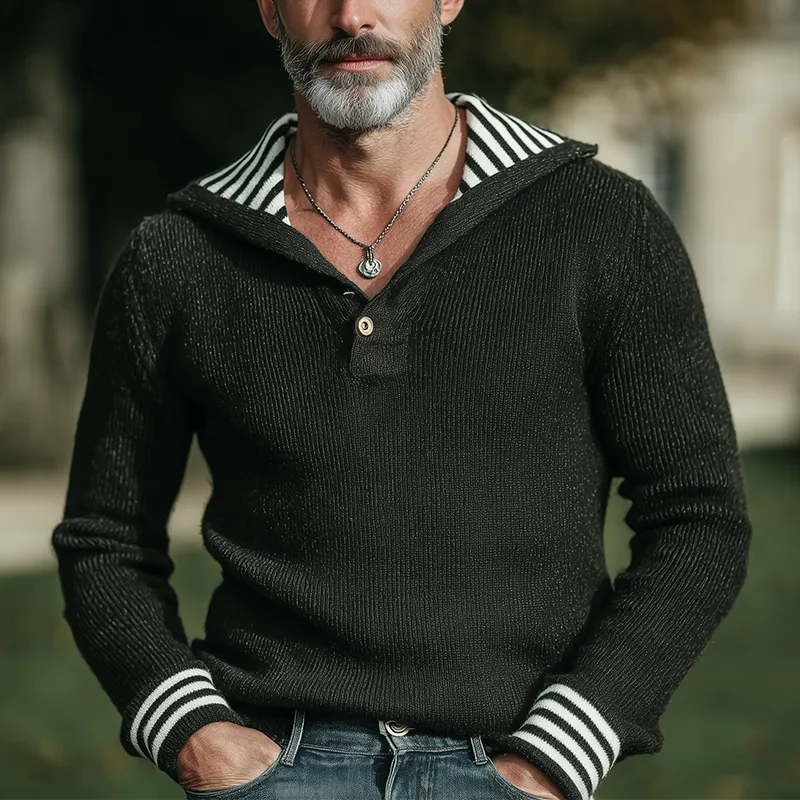 Men's Vintage-style Sailor-collar Striped Cotton Knit Sweater For Winter MTA1818I7P sold by Manly product image thumbnail 2