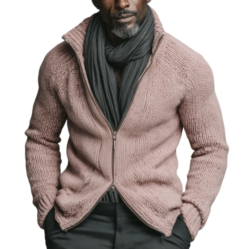 Men's Classic Casual Stand-up Collar Pink Zipper Slim Fit Knitted Cardigan MTA1880I6K sold by Manly
