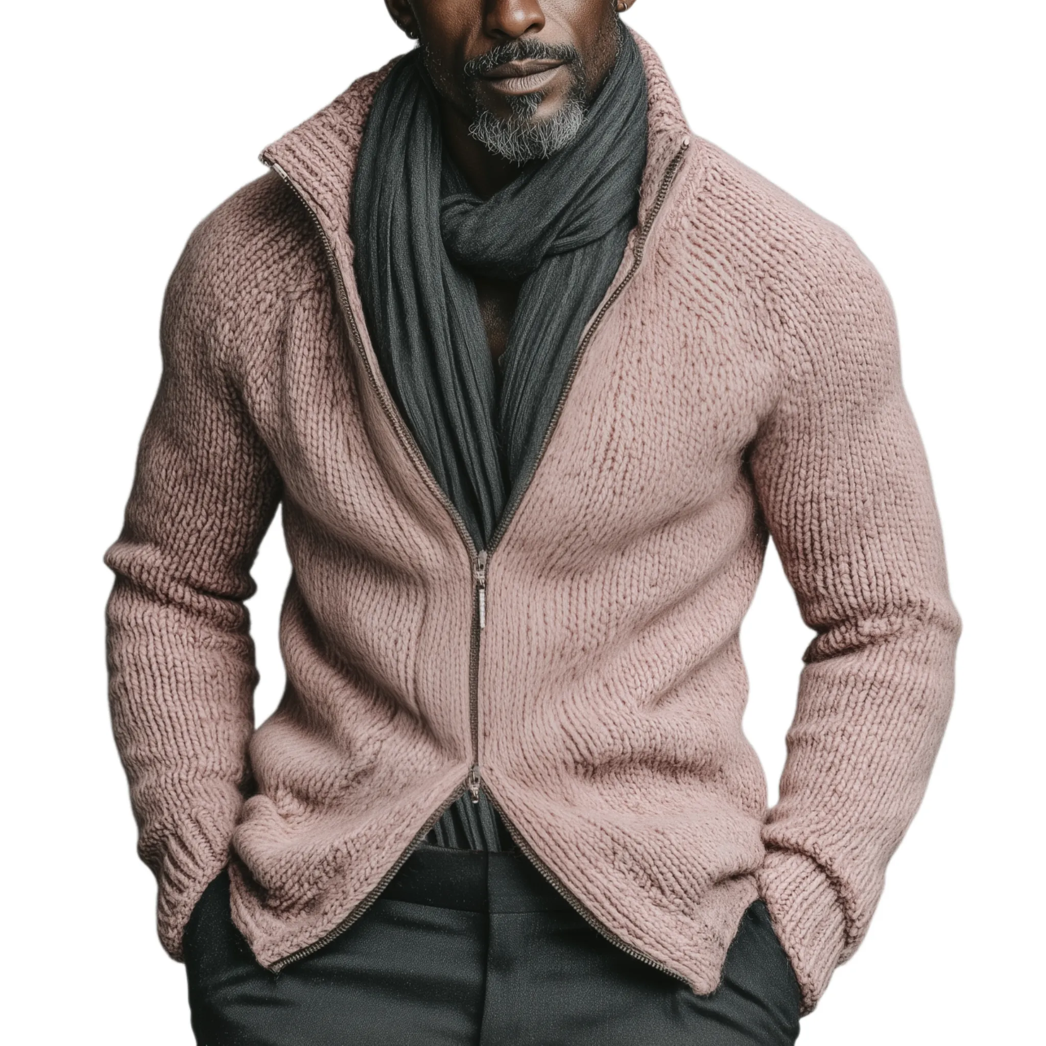 Men's Classic Casual Stand-up Collar Pink Zipper Slim Fit Knitted Cardigan MTA1880I6K sold by Manly