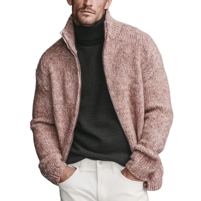 Men's Classic Casual Pink Stand Collar Zipper Knitted Cardigan MTA1808I6K sold by Manly