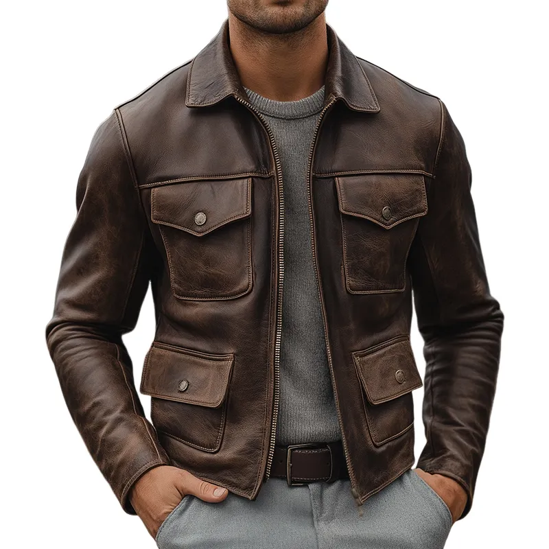 Men's Vintage Casual Faux Leather Multi-Pocket Lapel Zipper Jacket MTA1720I2TO sold by Manly