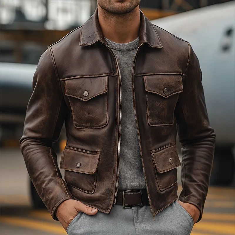 Men's Vintage Casual Faux Leather Multi-Pocket Lapel Zipper Jacket MTA1720I2TO sold by Manly product image thumbnail 2