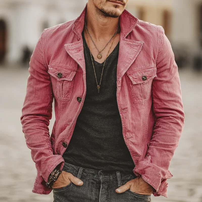 Men's Solid Color Vintage Lapel Washed Cotton Jacket MTA1604I0X sold by Manly product image thumbnail 3