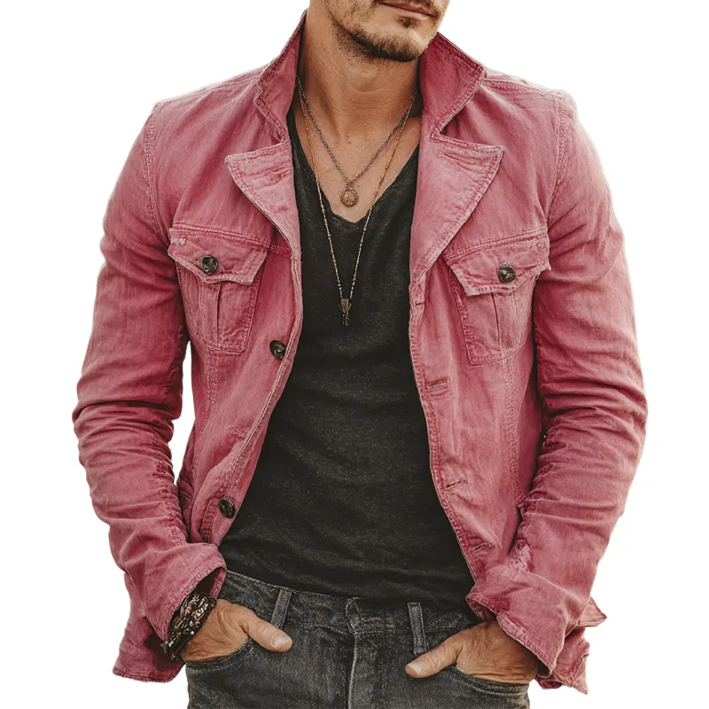 Men's Solid Color Vintage Lapel Washed Cotton Jacket MTA1604I0X sold by Manly