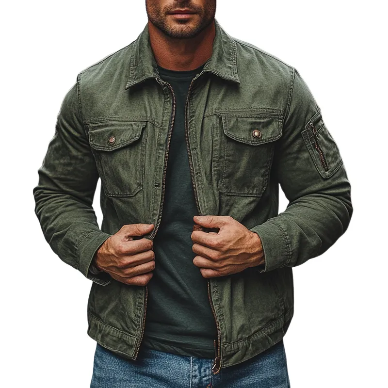 Men's Vintage Washed Lapel Zipper Jacket MTA1643I6X sold by Manly
