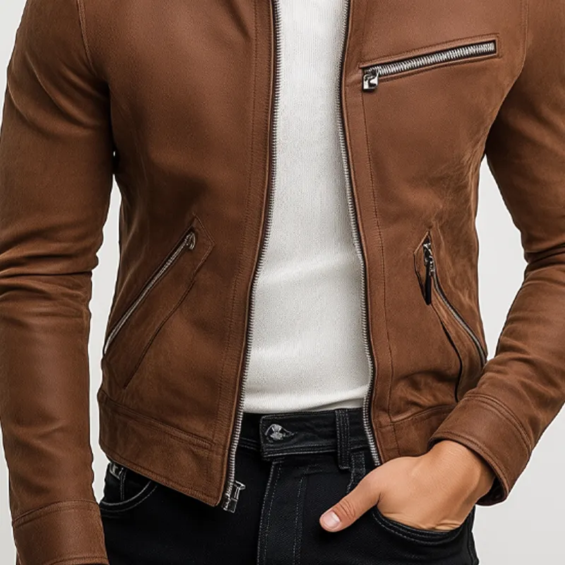 Men's Retro Stand Collar Zipper PU Jacket MTA2304I7X sold by Manly product image thumbnail 4
