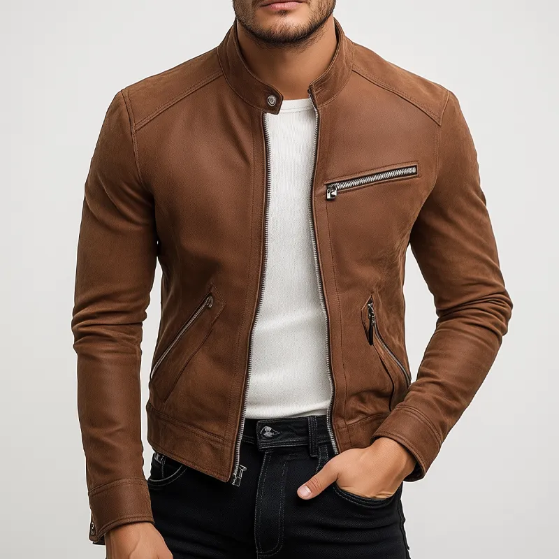 Men's Retro Stand Collar Zipper PU Jacket MTA2304I7X sold by Manly product image thumbnail 3