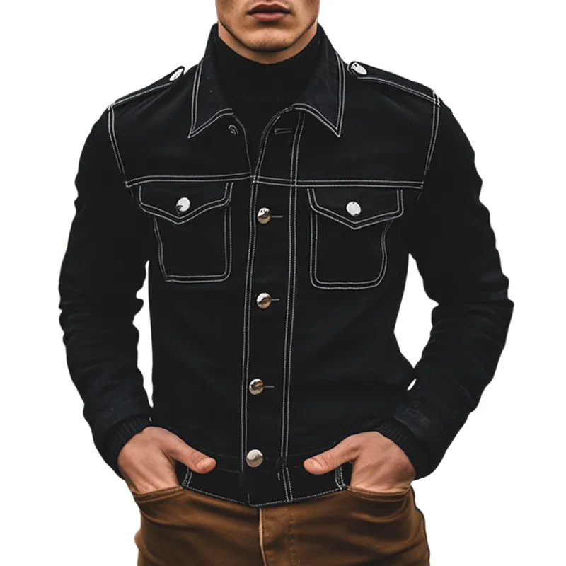 Men's Lapel Washed Solid Color Denim Jacket MTA2312I4X sold by Manly