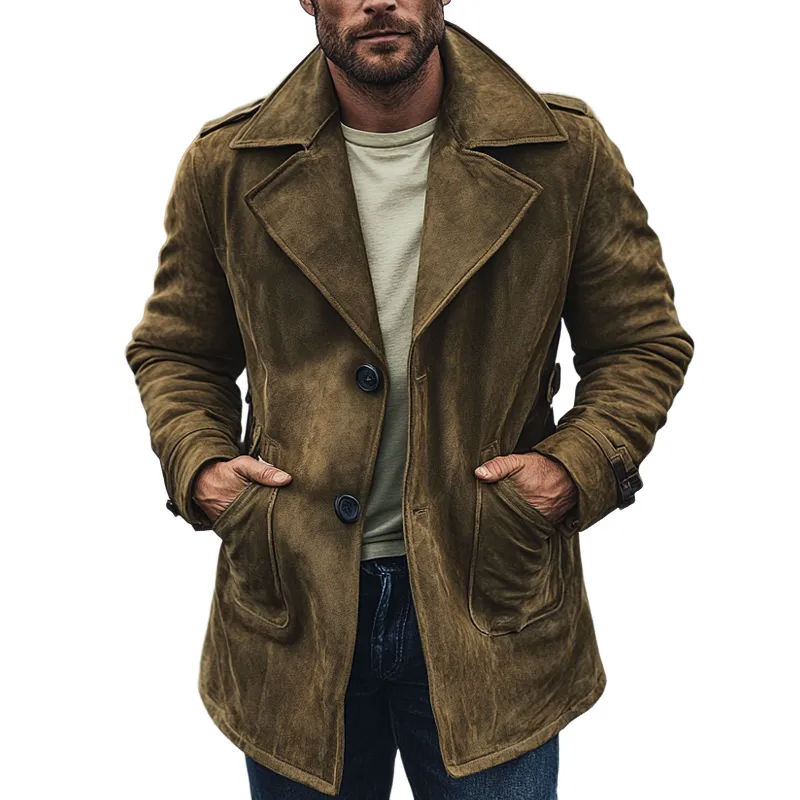 Men's Retro Solid Color Lapel Single-breasted Mid-length Coat MTA2370I7X sold by Manly