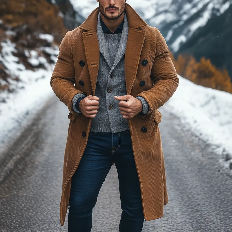 Men's Vintage Solid Color Corduroy Lapel Double-breasted Long Coat MTA2338I8X sold by Manly product image thumbnail 3