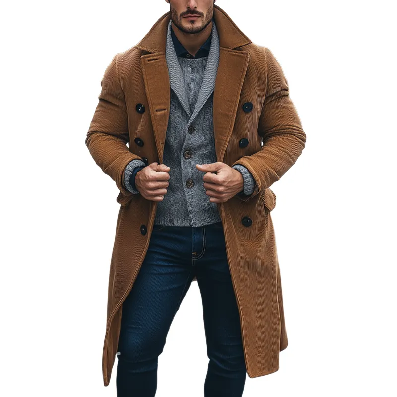 Men's Vintage Solid Color Corduroy Lapel Double-breasted Long Coat MTA2338I8X sold by Manly