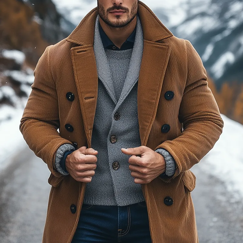 Men's Vintage Solid Color Corduroy Lapel Double-breasted Long Coat MTA2338I8X sold by Manly product image thumbnail 2