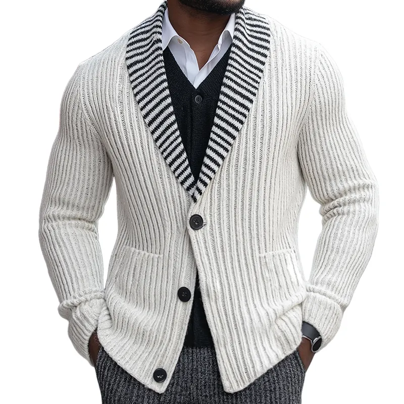 Men's Retro Casual Striped Knit Lapel Button Cardigan MTA1837I1TO sold by Manly