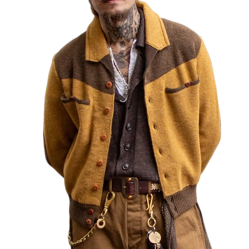 Men's Retro Casual Colorblock Knitted Lapel Button Cardigan MTA1781I2TO sold by Manly