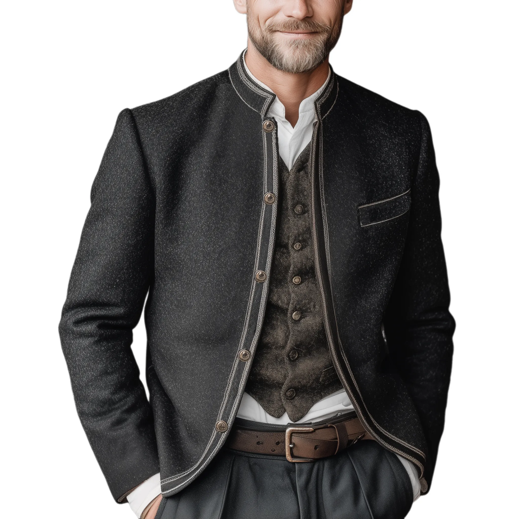 Men's Classic Retro Stand Collar Embroidered Faux Woolen Jacket MTA2354I5K sold by Manly