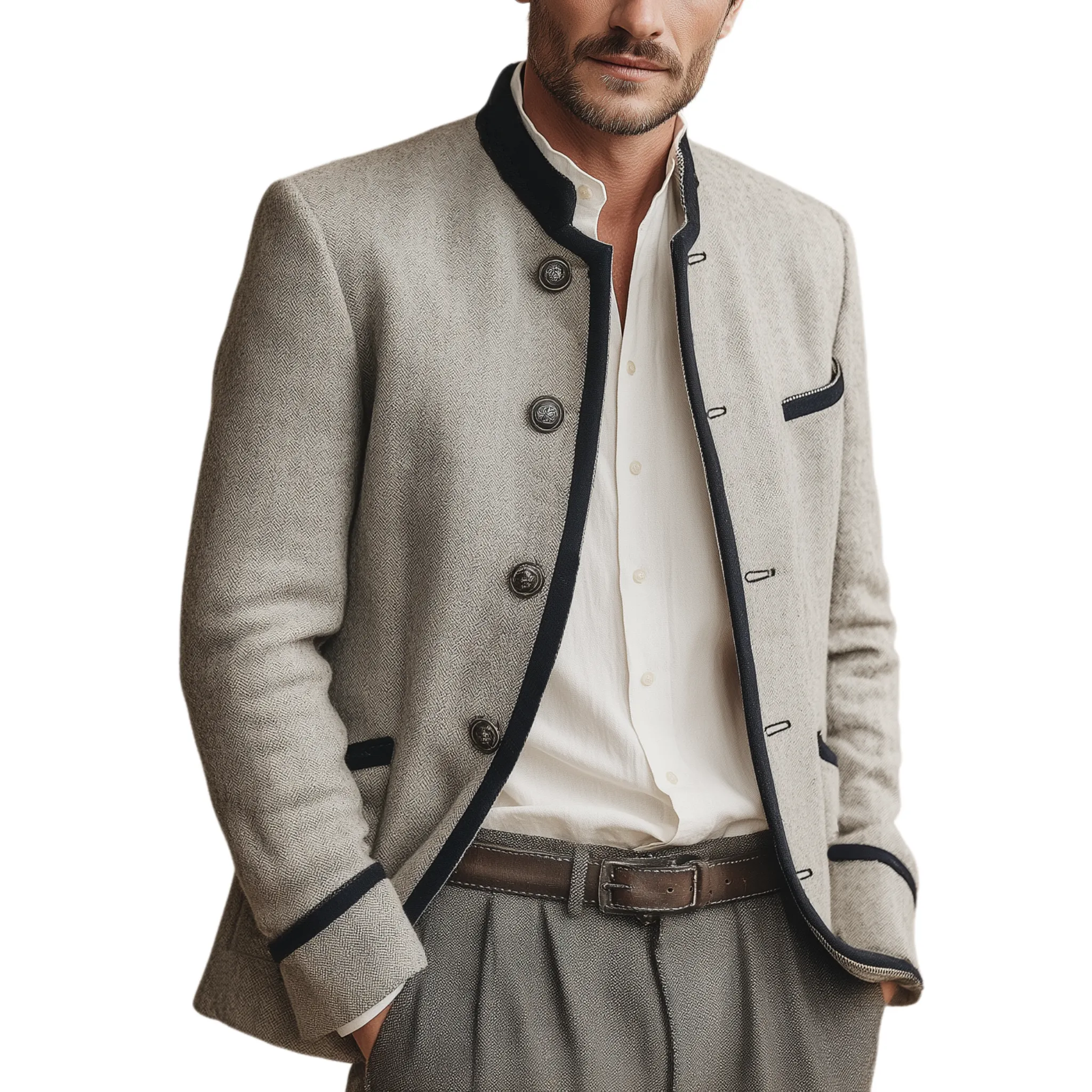 Men's Classic Retro Stand Collar Faux Wool Jacket MTA2374I6K sold by Manly