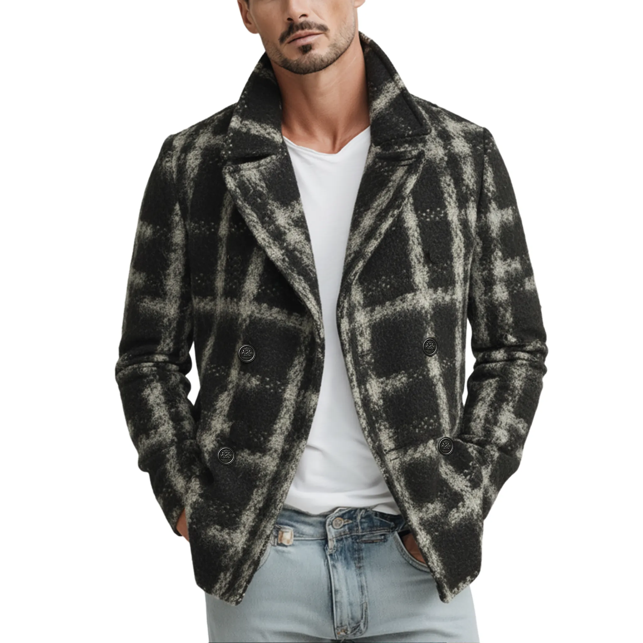 Men's Classic Casual Lapel Double-breasted Faux Woolen Jacket MTA2329I5K sold by Manly