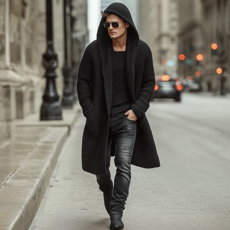 Men's Autumn And Winter Fashion Solid Color Cotton Yarn Knitted Long Hooded Cardigan MTA2378I9P sold by Manly product image thumbnail 2