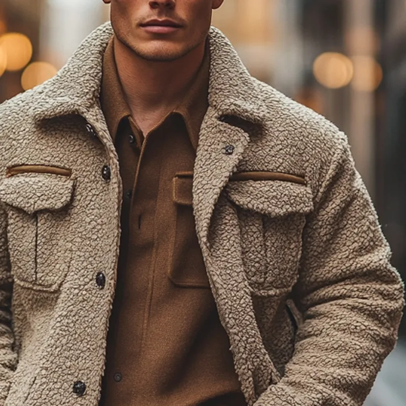 Men's Solid Color Polar Fleece Lapel Single-breasted Jacket MTA2257I9X sold by Manly product image thumbnail 4