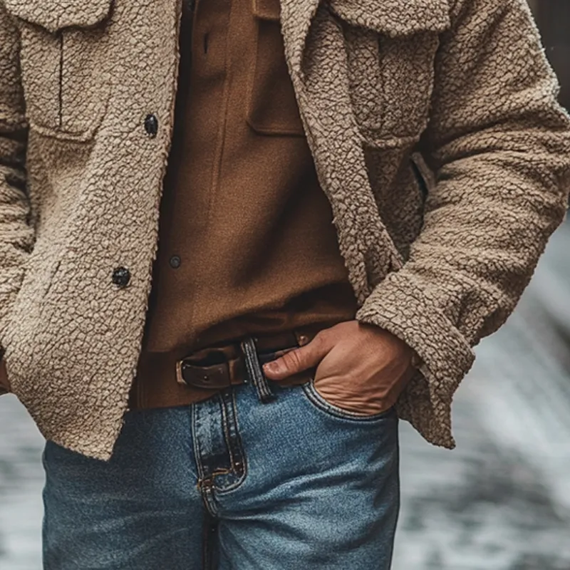 Men's Solid Color Polar Fleece Lapel Single-breasted Jacket MTA2257I9X sold by Manly product image thumbnail 3