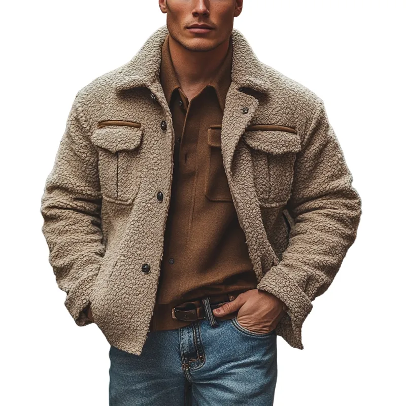 Men's Solid Color Polar Fleece Lapel Single-breasted Jacket MTA2257I9X sold by Manly