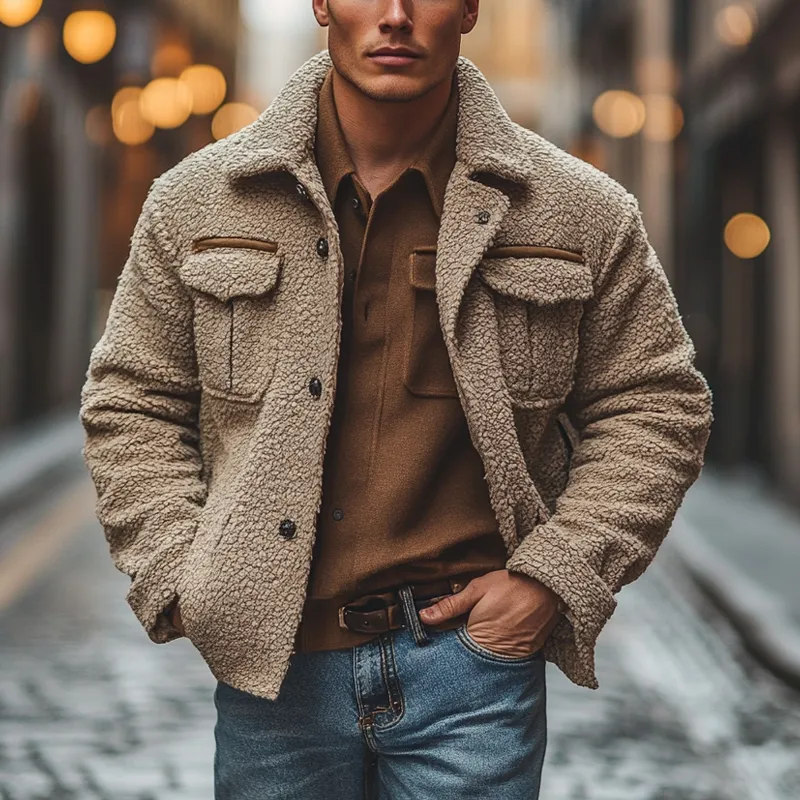 Men's Solid Color Polar Fleece Lapel Single-breasted Jacket MTA2257I9X sold by Manly product image thumbnail 2