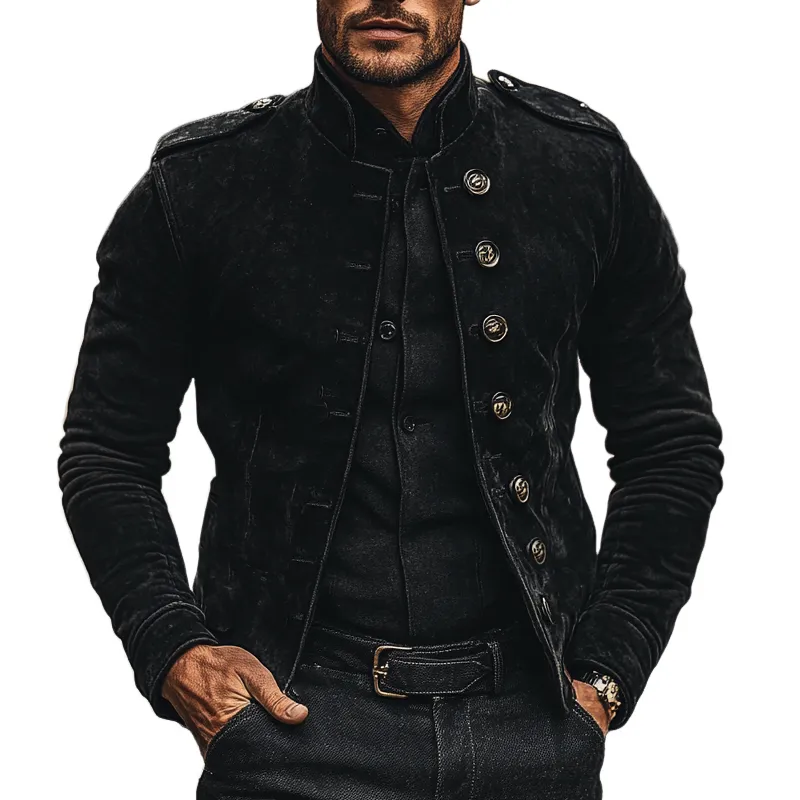 Men's Vintage Solid Color Stand Collar Single Breasted Faux Suede Jacket MTA2356I8X sold by Manly