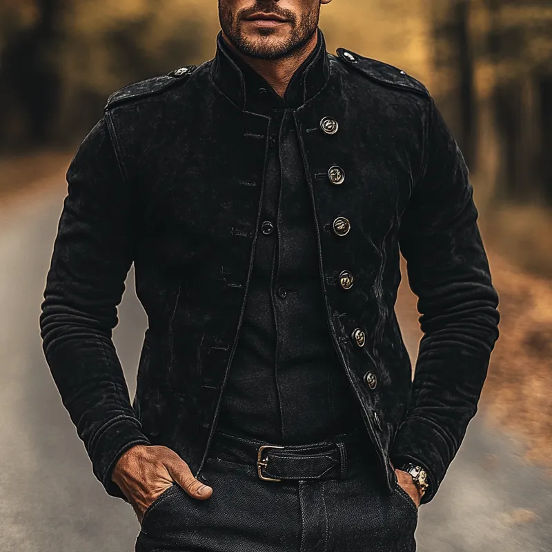 Men's Vintage Solid Color Stand Collar Single Breasted Faux Suede Jacket MTA2356I8X sold by Manly product image thumbnail 2