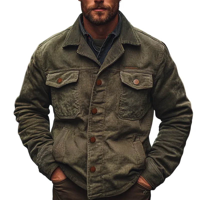 Men's Solid Color Vintage Lapel Multi-pocket Jacket MTA2209I7X sold by Manly