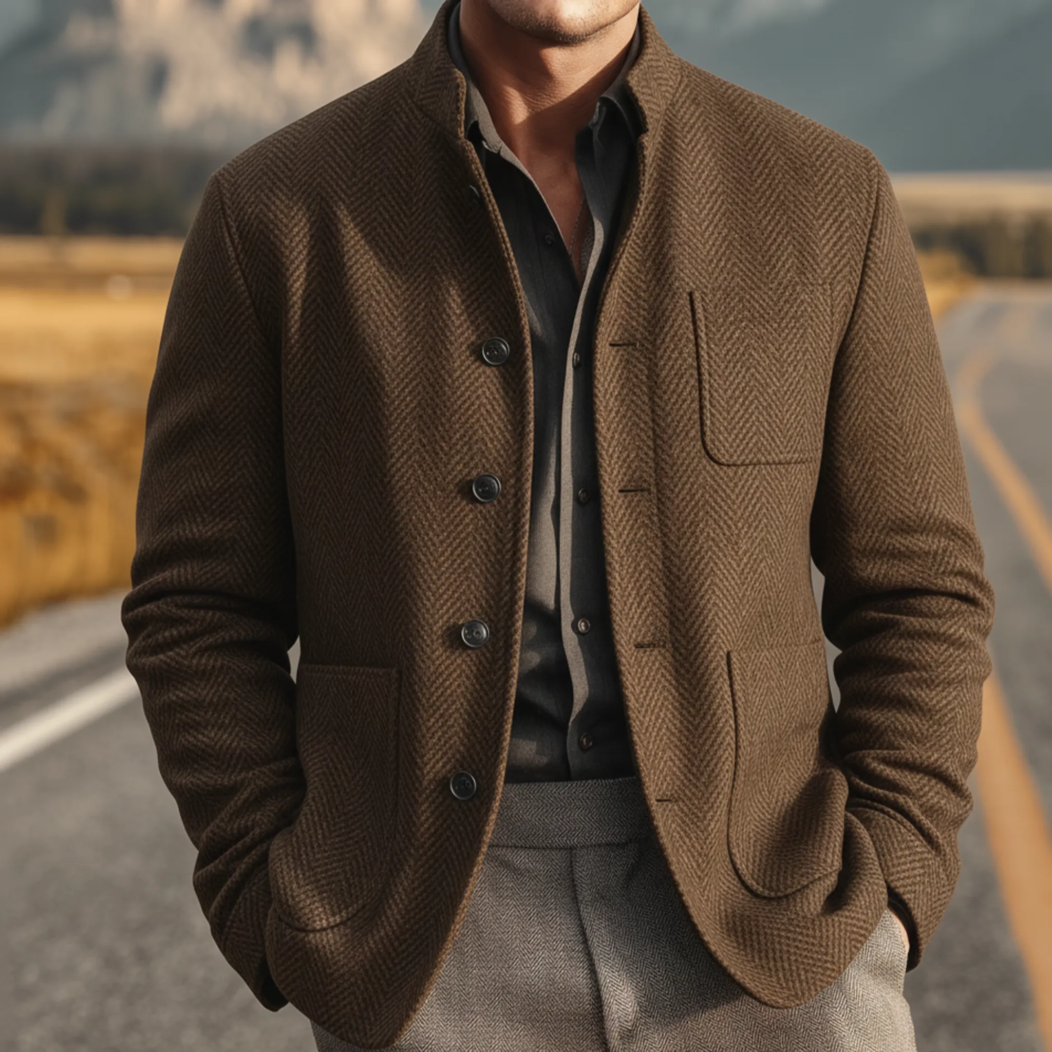 Men's Classic Casual Stand-up Collar Multi-pocket Herringbone Faux Wool Jacket MTA2241I5K sold by Manly product image thumbnail 2