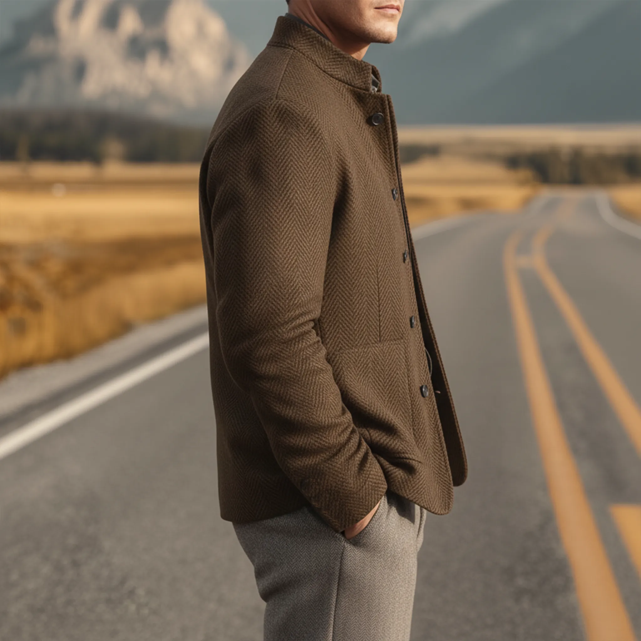 Men's Classic Casual Stand-up Collar Multi-pocket Herringbone Faux Wool Jacket MTA2241I5K sold by Manly product image thumbnail 4