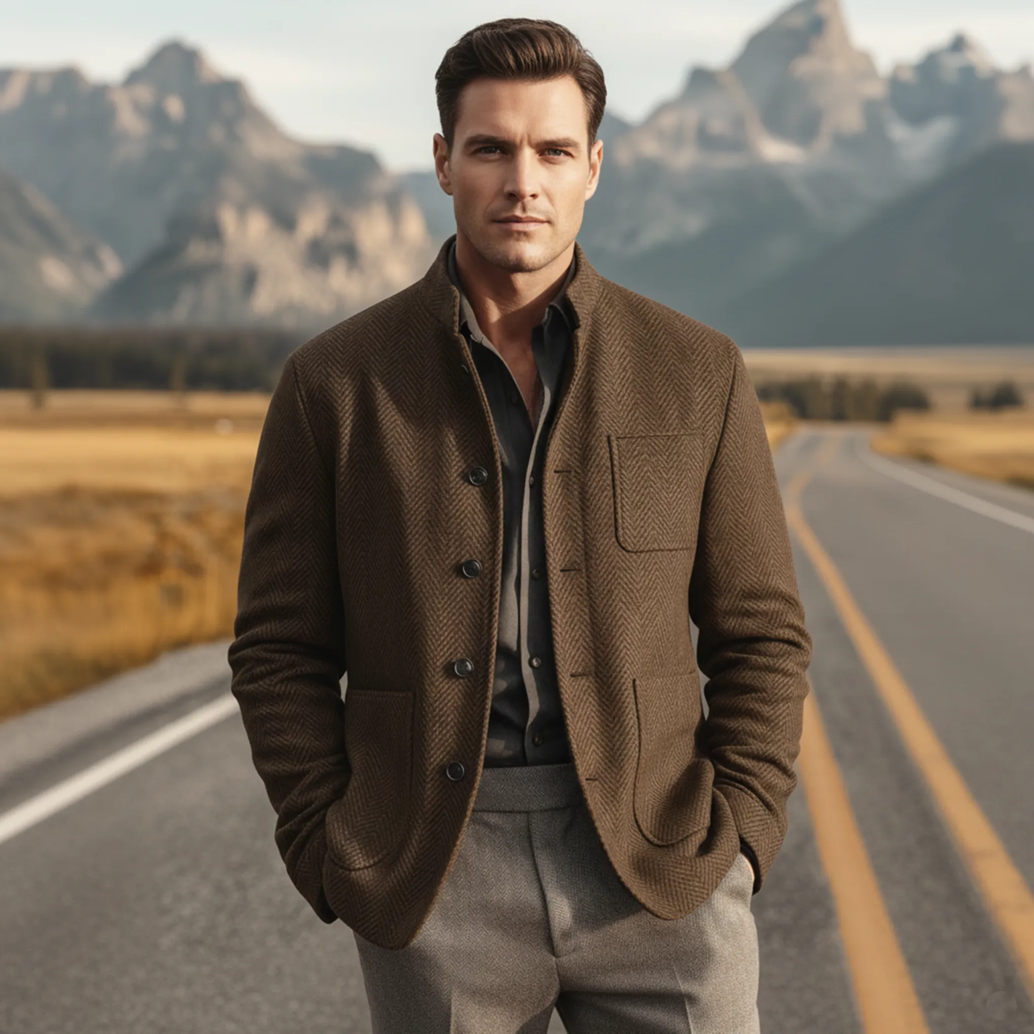 Men's Classic Casual Stand-up Collar Multi-pocket Herringbone Faux Wool Jacket MTA2241I5K sold by Manly product image thumbnail 3