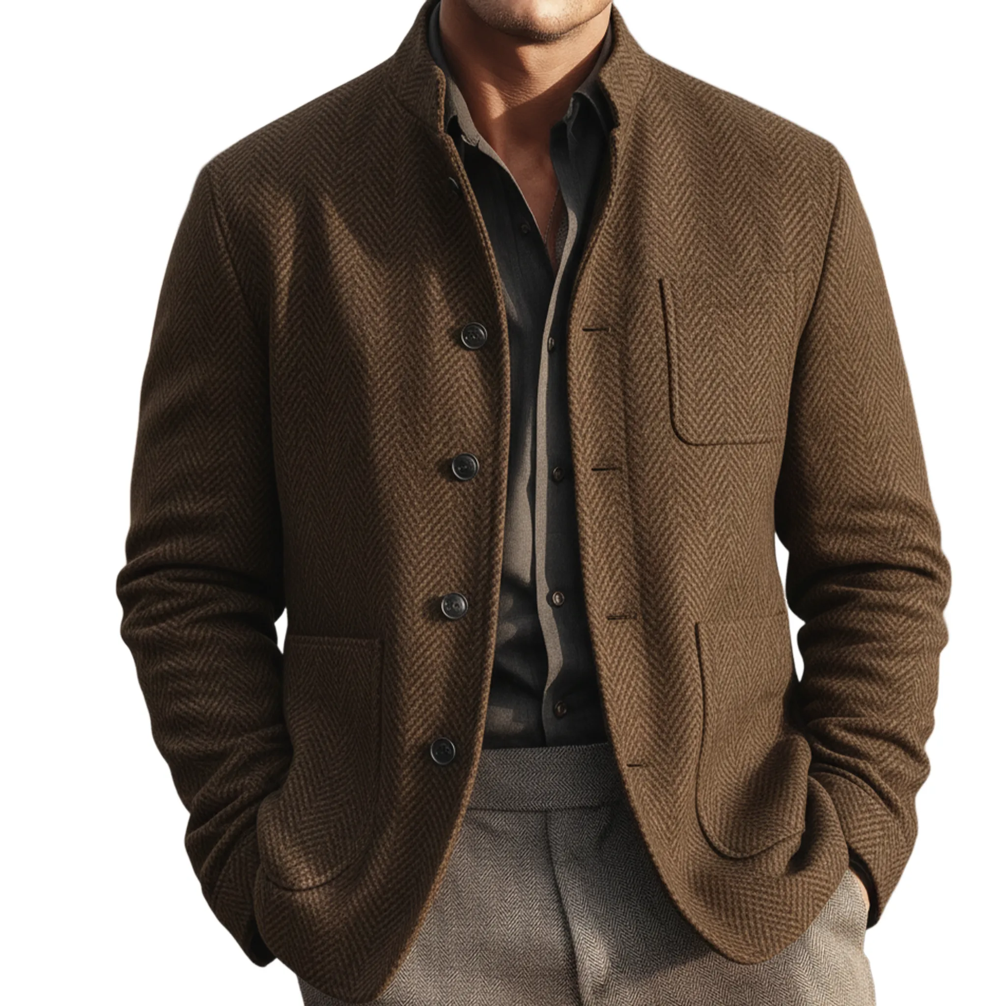 Men's Classic Casual Stand-up Collar Multi-pocket Herringbone Faux Wool Jacket MTA2241I5K sold by Manly