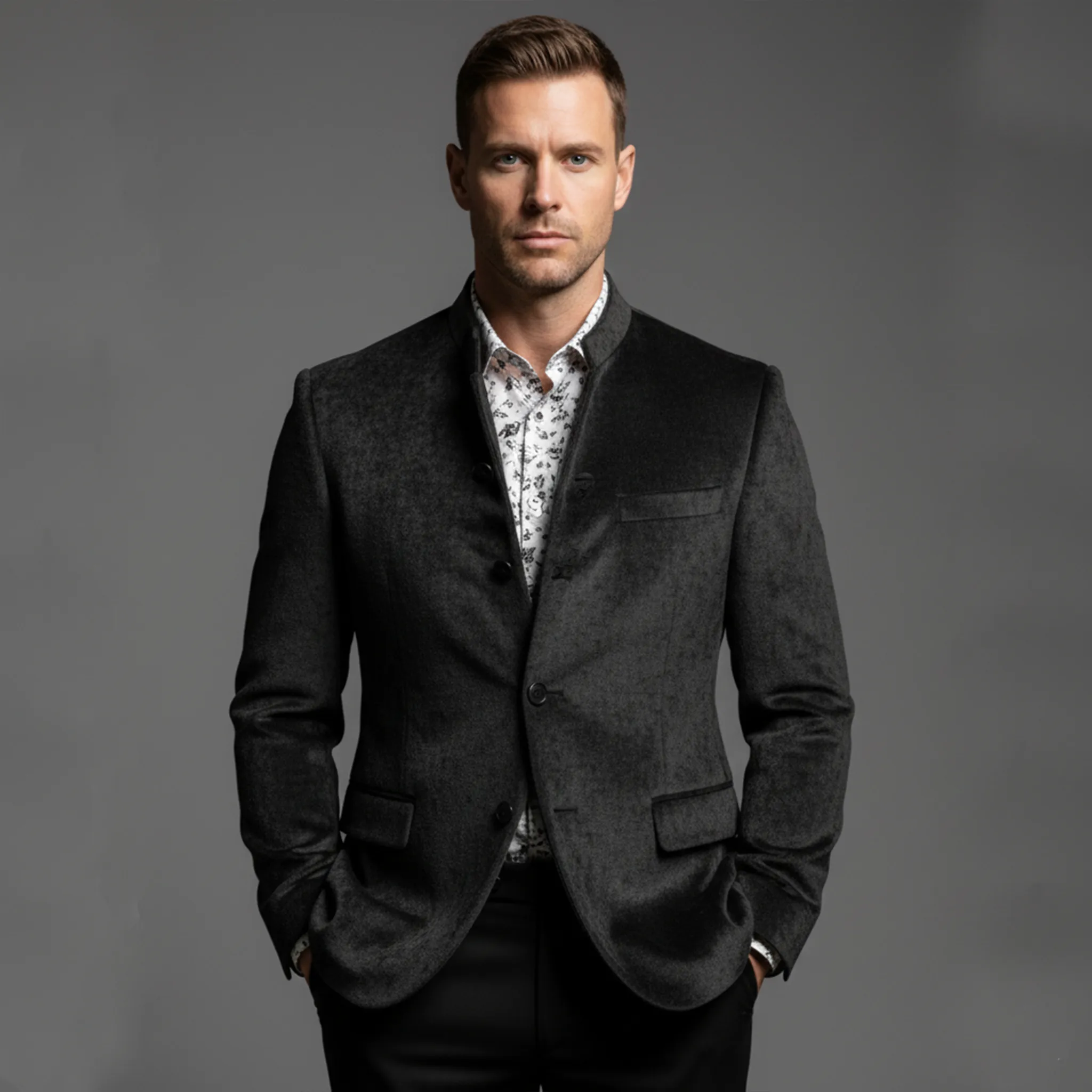 Men's Classic Light Business Chenille Blend Stand Collar Single Breasted Jacket MTA2272I9K sold by Manly product image thumbnail 3