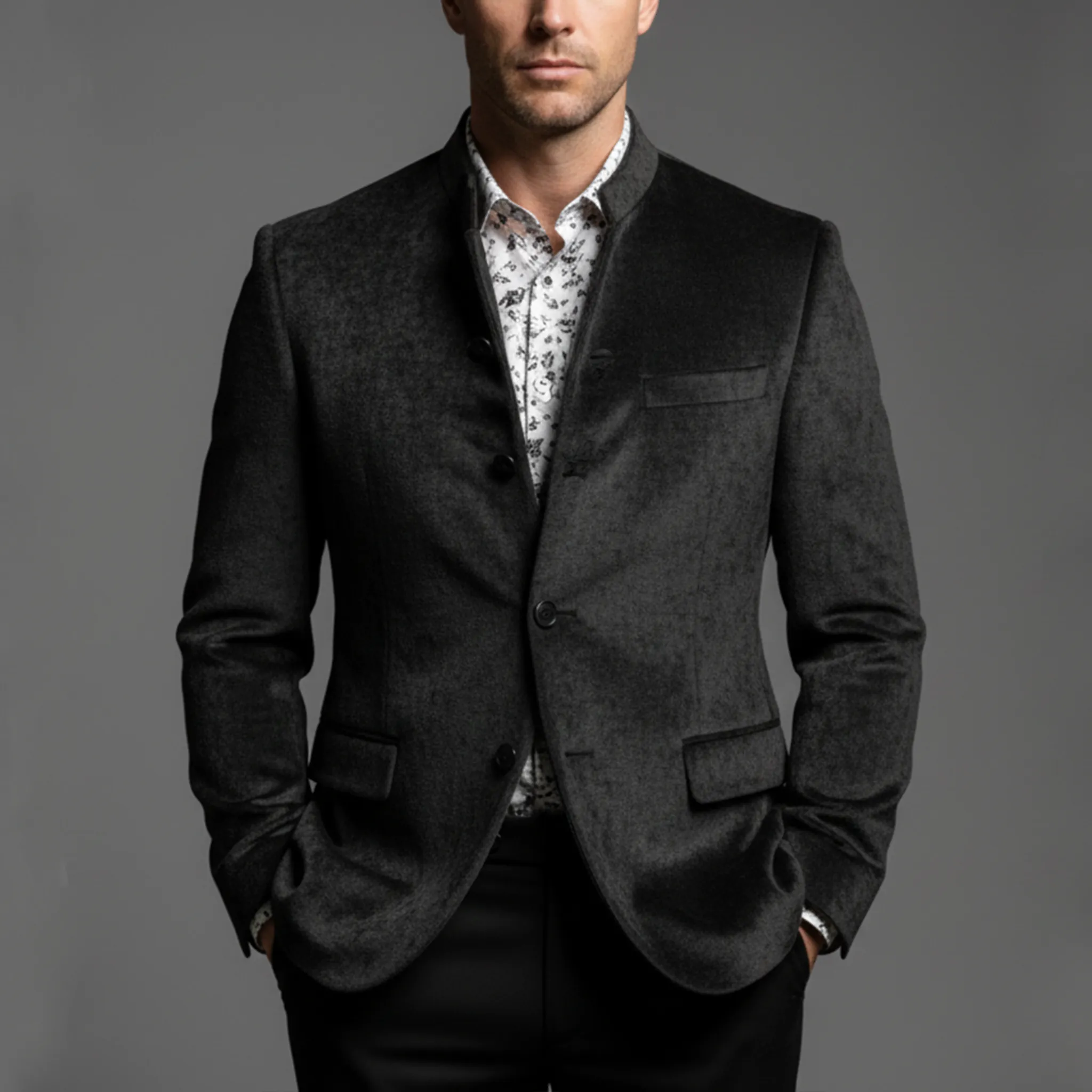 Men's Classic Light Business Chenille Blend Stand Collar Single Breasted Jacket MTA2272I9K sold by Manly product image thumbnail 2