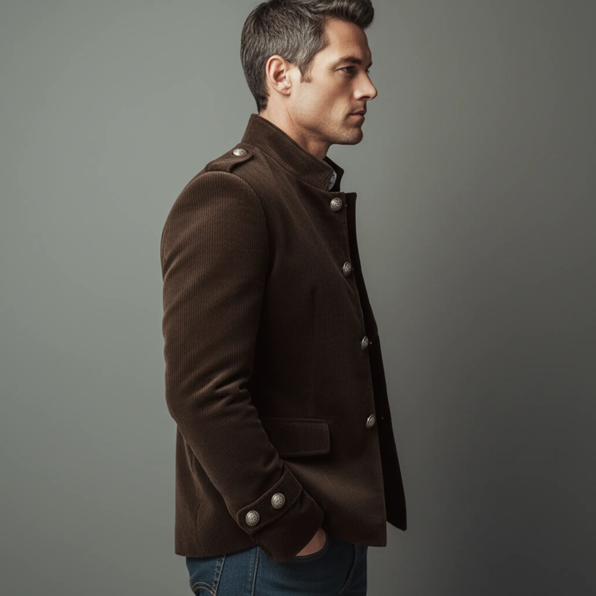 Men's Classic Casual Stand-up Collar Epaulette And Sleeve Tab Corduroy Jacket MTA2281I0K sold by Manly product image thumbnail 4