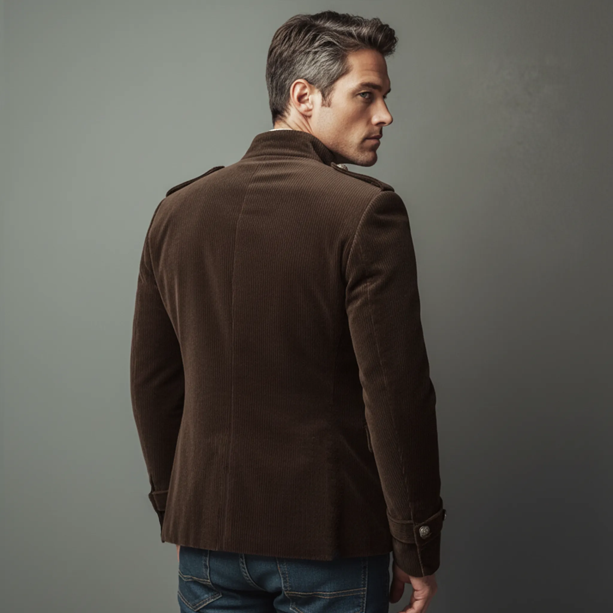 Men's Classic Casual Stand-up Collar Epaulette And Sleeve Tab Corduroy Jacket MTA2281I0K sold by Manly product image thumbnail 5