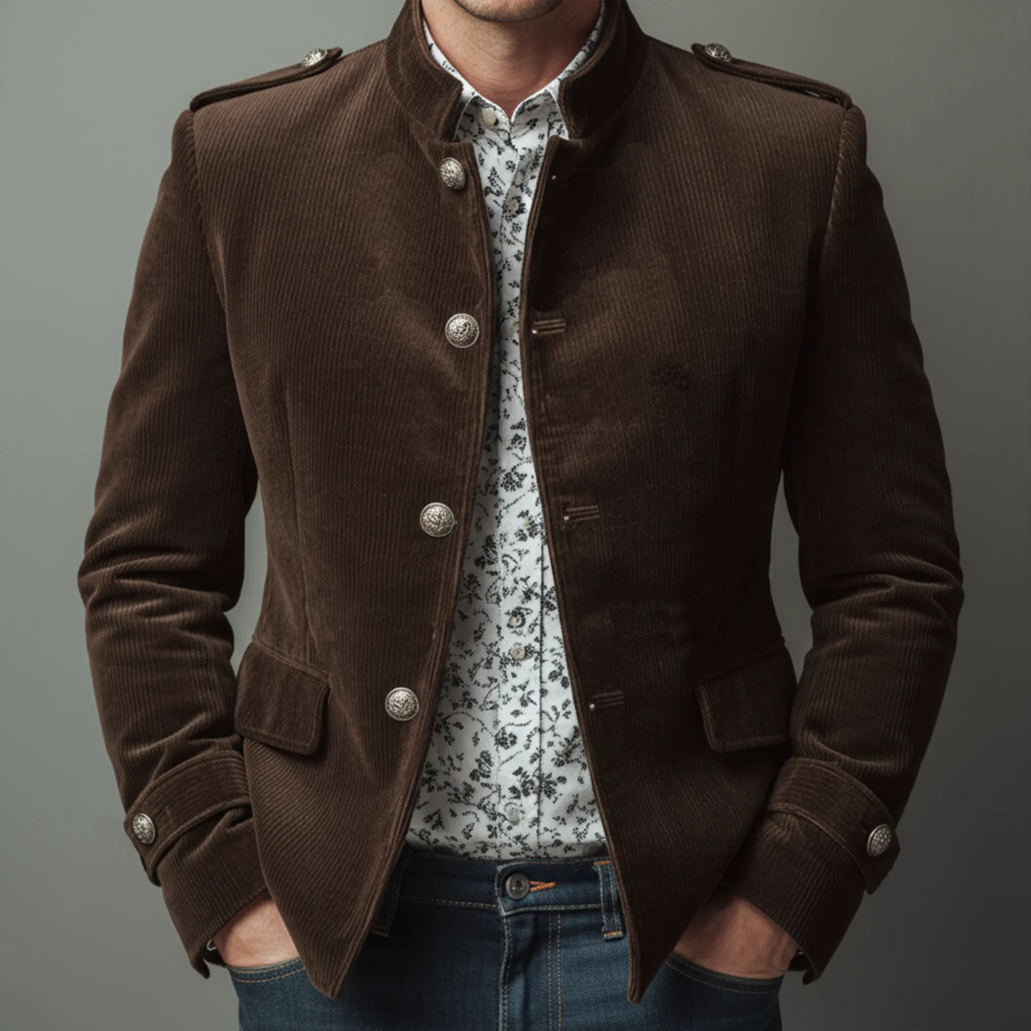 Men's Classic Casual Stand-up Collar Epaulette And Sleeve Tab Corduroy Jacket MTA2281I0K sold by Manly product image thumbnail 3