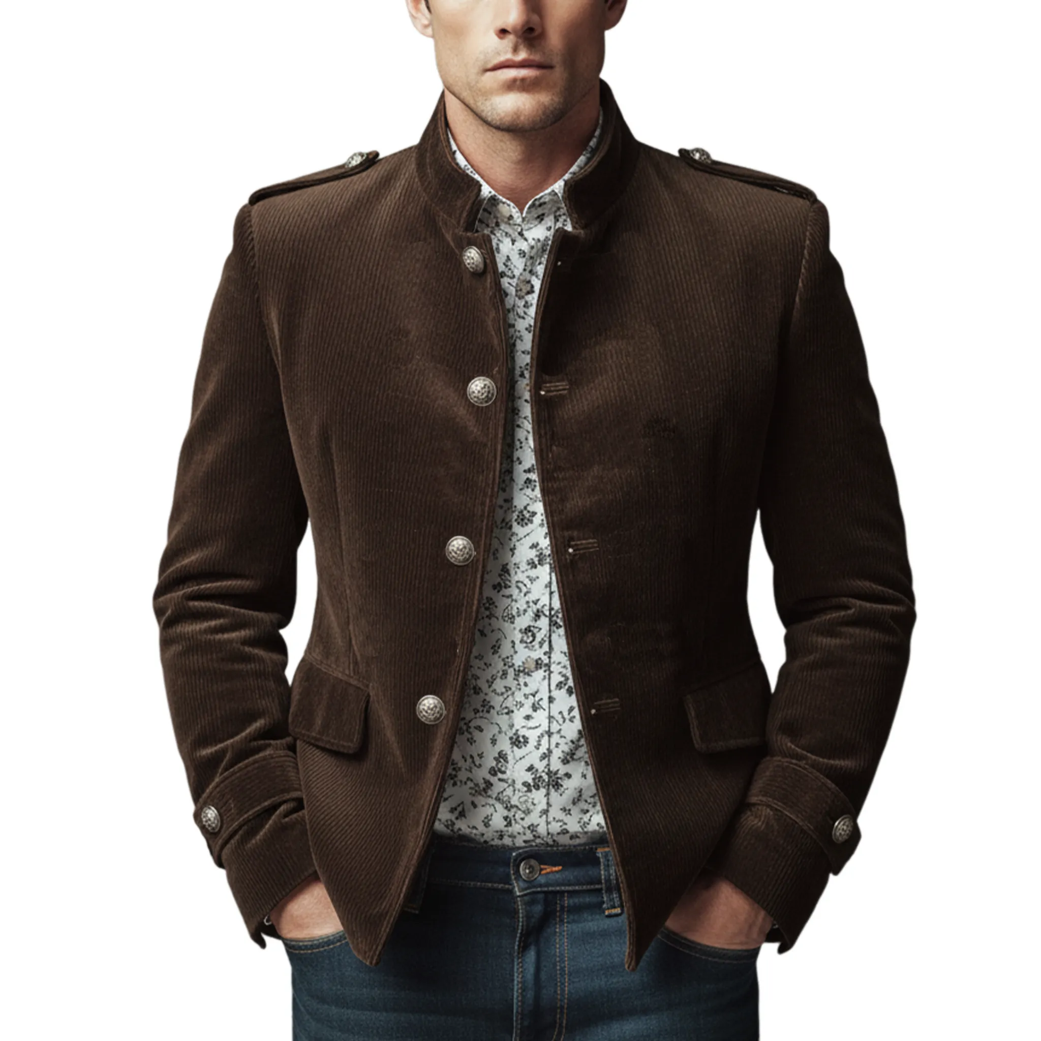 Men's Classic Casual Stand-up Collar Epaulette And Sleeve Tab Corduroy Jacket MTA2281I0K sold by Manly