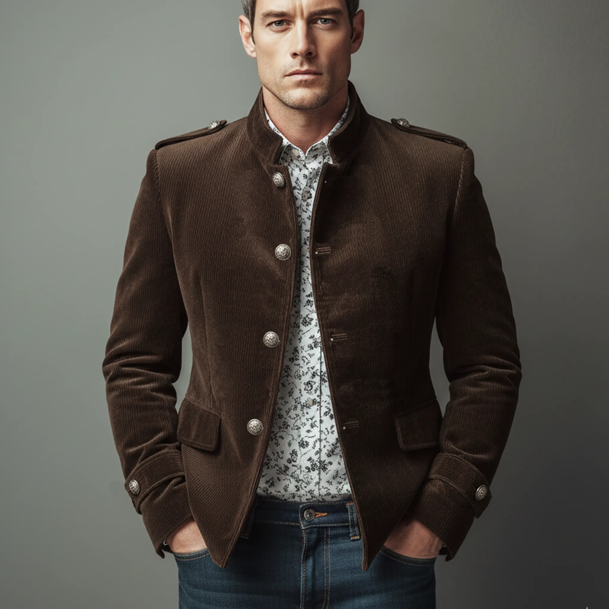 Men's Classic Casual Stand-up Collar Epaulette And Sleeve Tab Corduroy Jacket MTA2281I0K sold by Manly product image thumbnail 2