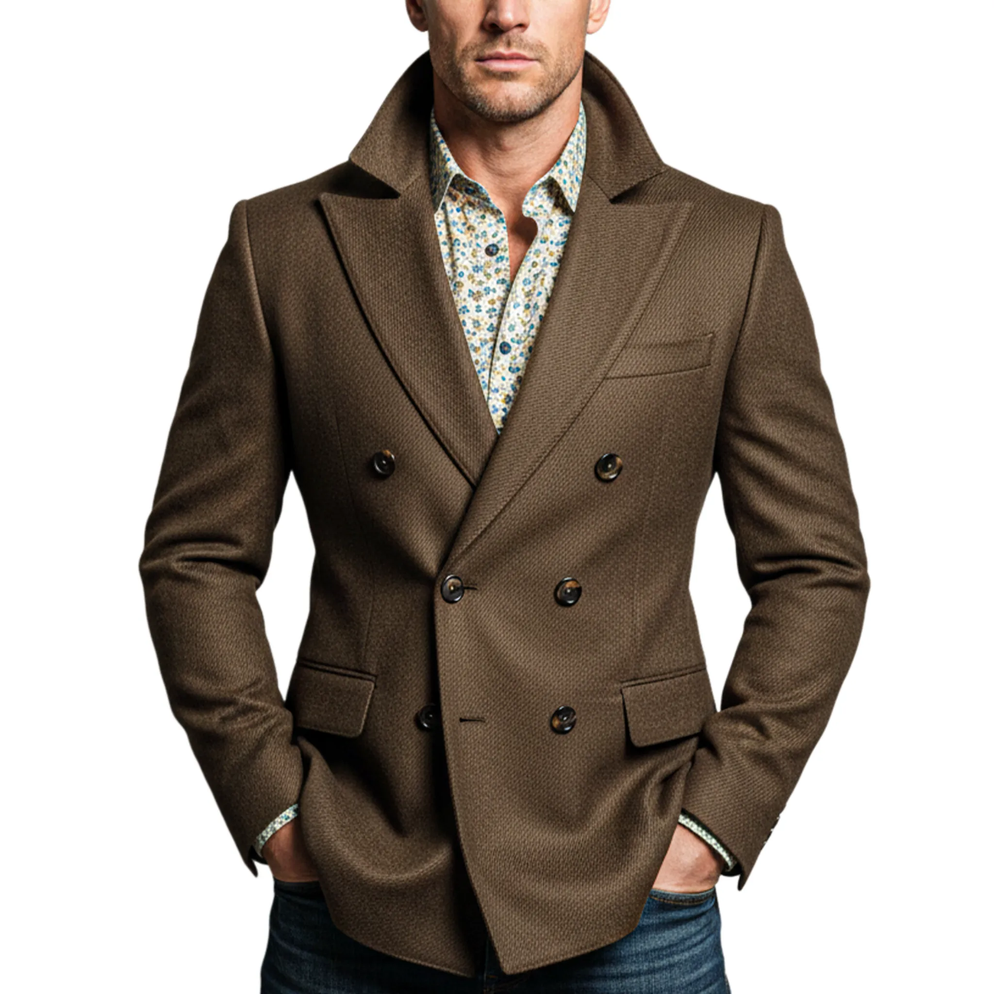 Men's Classic Light Business Double-breasted Textured Faux Wool Suit Coat MTA2216I3K sold by Manly