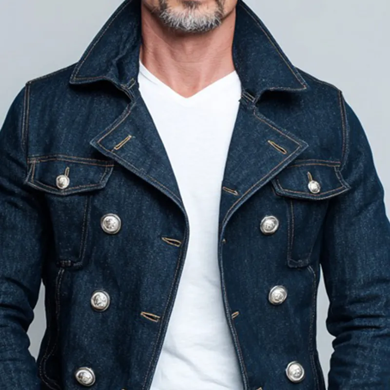 Men's Vintage Washed Solid Color Double Breasted Lapel Denim Jacket MTA1960I1X sold by Manly product image thumbnail 3