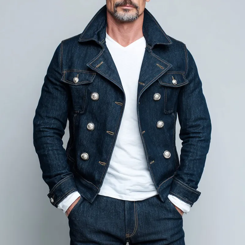 Men's Vintage Washed Solid Color Double Breasted Lapel Denim Jacket MTA1960I1X sold by Manly product image thumbnail 2