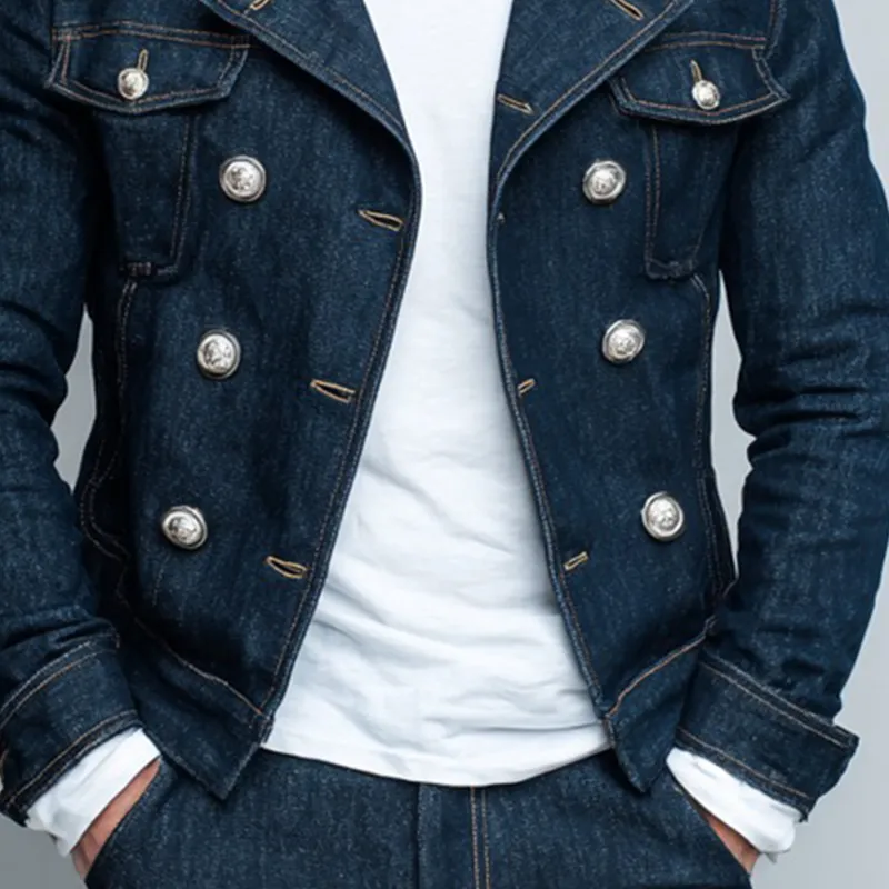 Men's Vintage Washed Solid Color Double Breasted Lapel Denim Jacket MTA1960I1X sold by Manly product image thumbnail 4