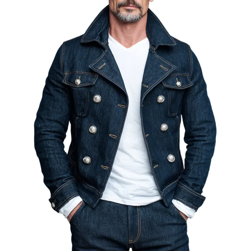 Men's Vintage Washed Solid Color Double Breasted Lapel Denim Jacket MTA1960I1X sold by Manly
