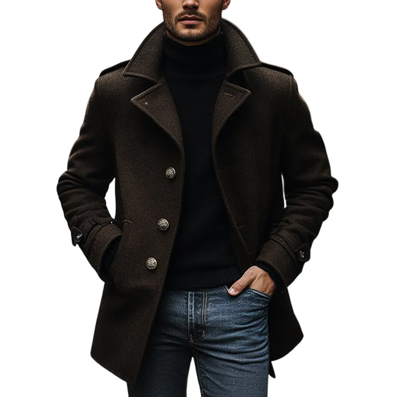 Men's Solid Color Lapel Blended Faux Wool Mid-length Coat MTA2262I5X sold by Manly