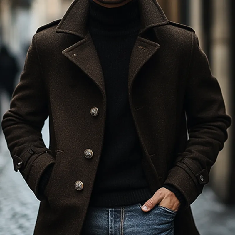 Men's Solid Color Lapel Blended Faux Wool Mid-length Coat MTA2262I5X sold by Manly product image thumbnail 4