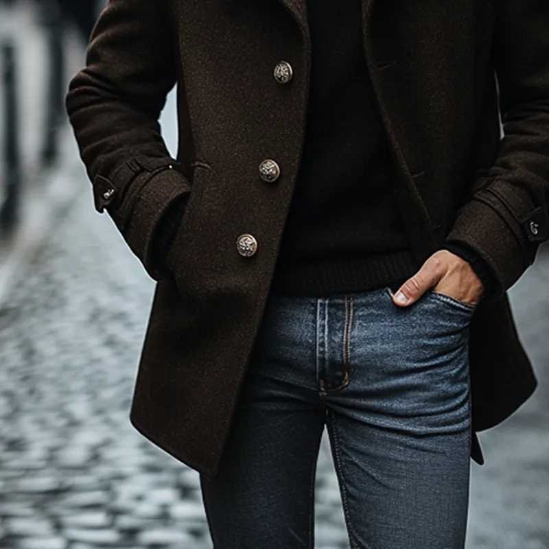 Men's Solid Color Lapel Blended Faux Wool Mid-length Coat MTA2262I5X sold by Manly product image thumbnail 3