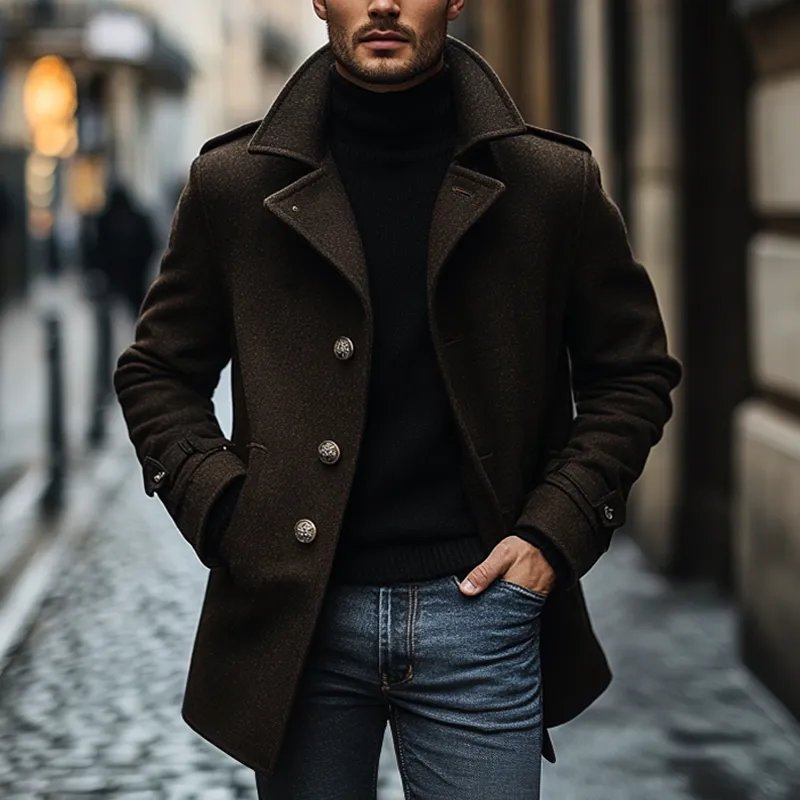 Men's Solid Color Lapel Blended Faux Wool Mid-length Coat MTA2262I5X sold by Manly product image thumbnail 2