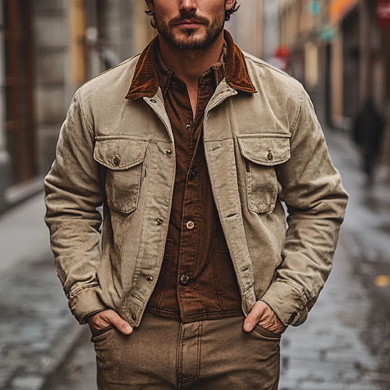 Men's Vintage Corduroy Lapel Colorblock Single-Breasted Jacket MTA2252I6X sold by Manly product image thumbnail 2